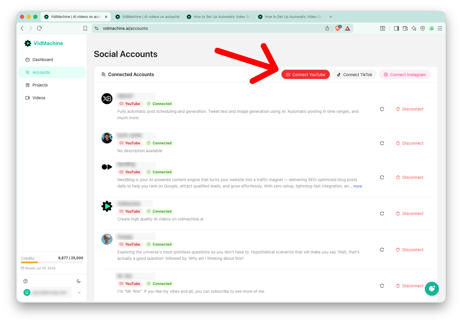 VidMachine Accounts page with Connect YouTube, Connect TikTok, and Connect Instagram buttons