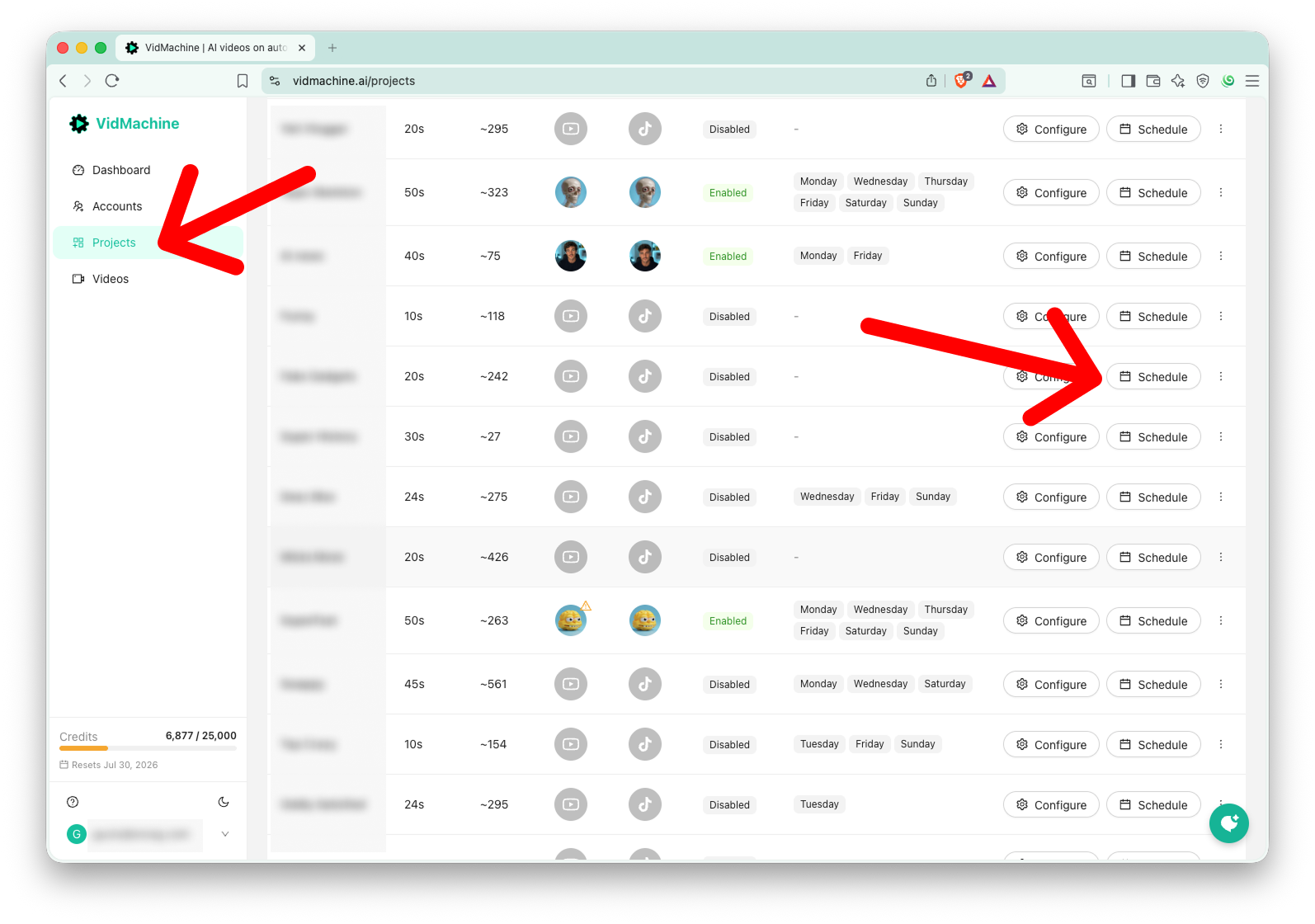 VidMachine Projects table with the Schedule button highlighted on a project row