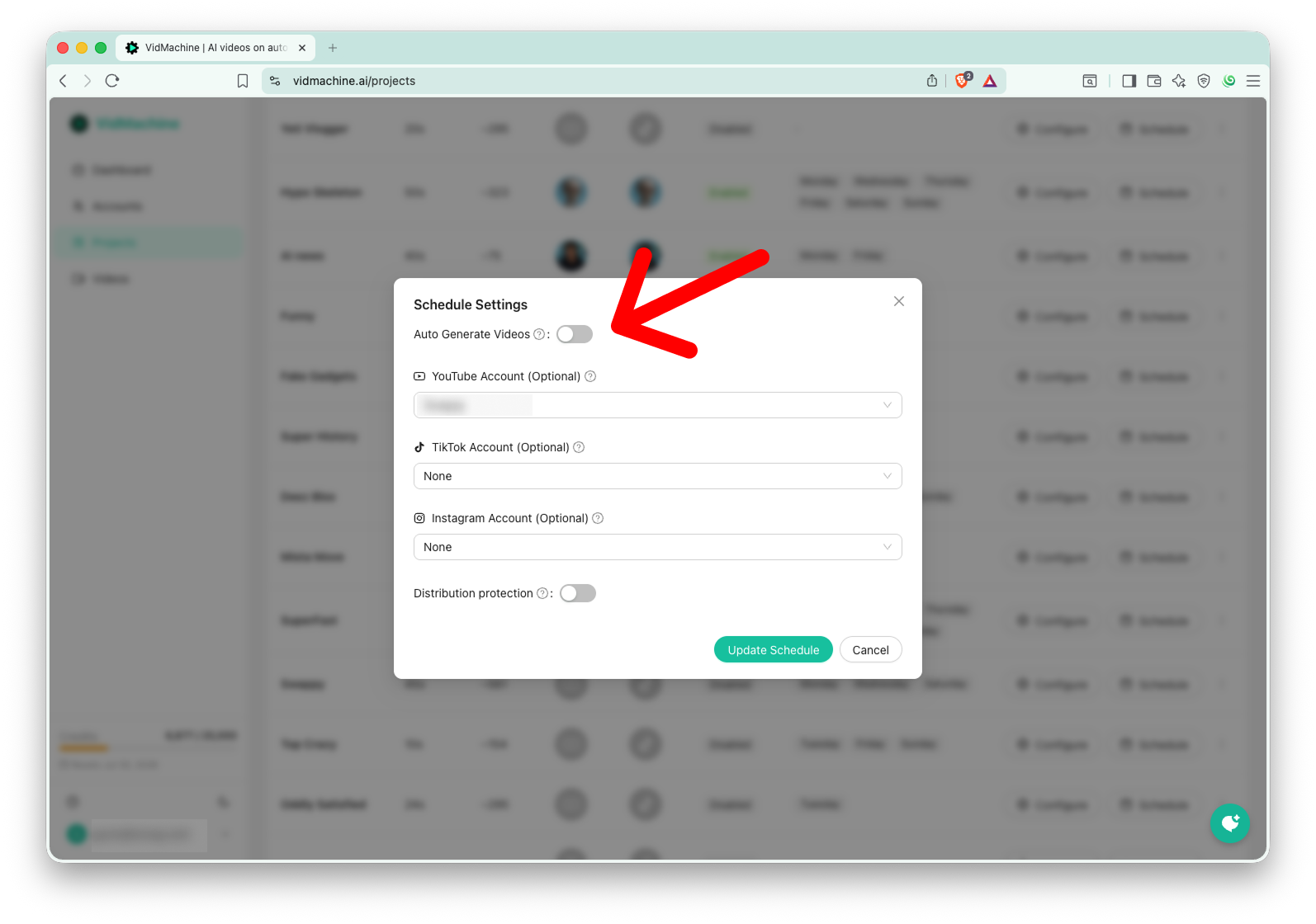 Schedule Settings modal with the Auto Generate Videos toggle highlighted