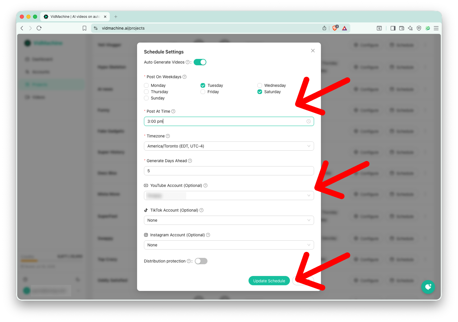 Schedule Settings modal showing weekdays, post time, timezone, generate days ahead, and linked social accounts