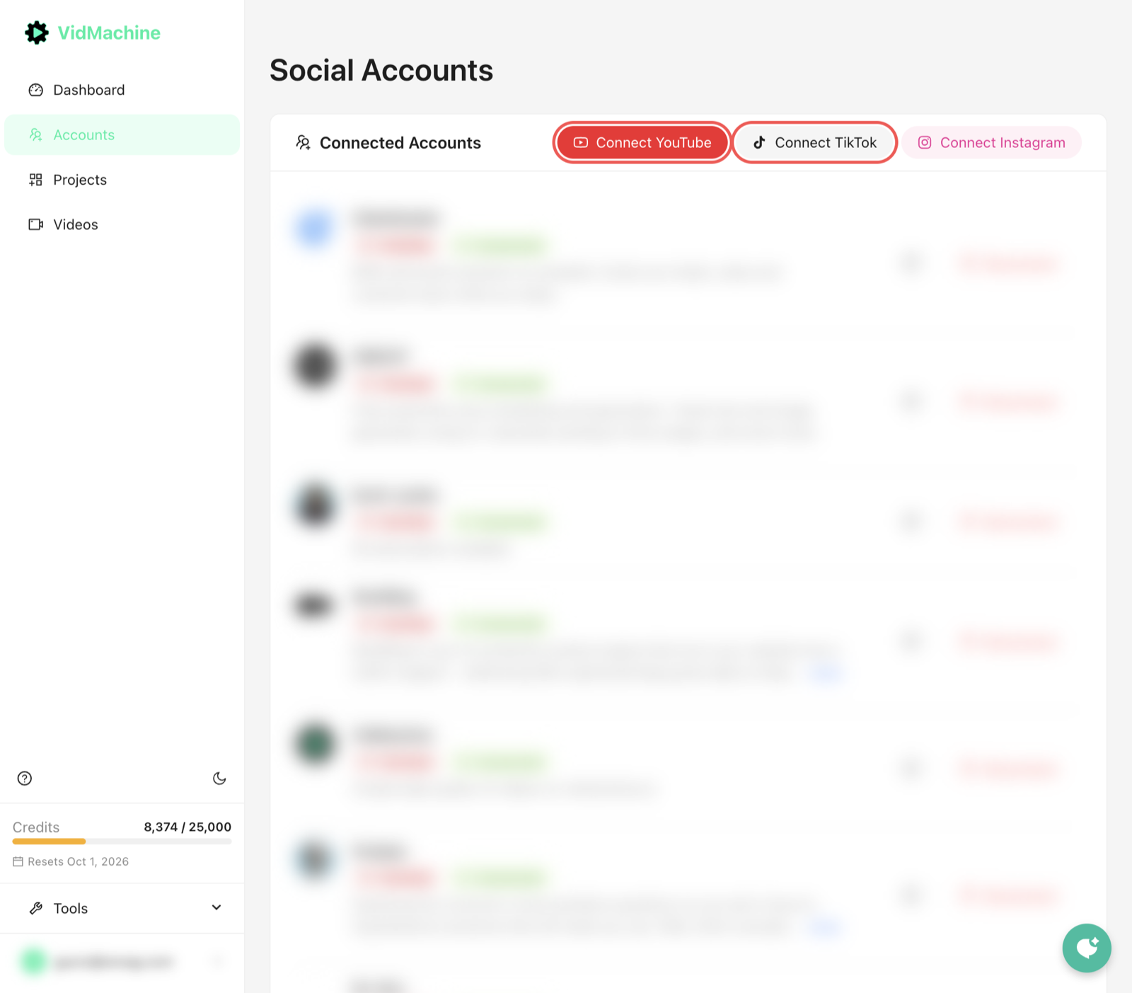 VidMachine Social Accounts page with the Connect YouTube and Connect TikTok buttons highlighted