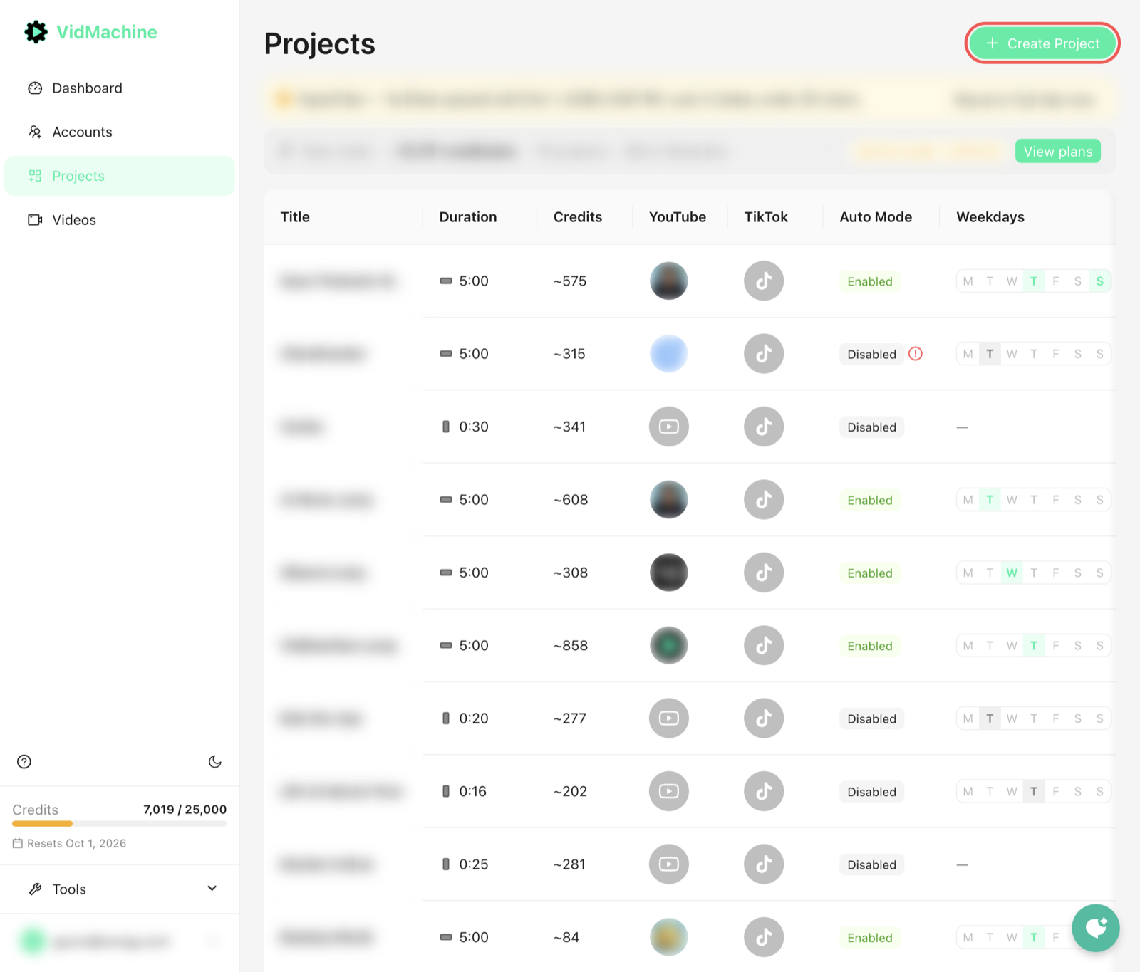 VidMachine Projects page with the Create Project button highlighted