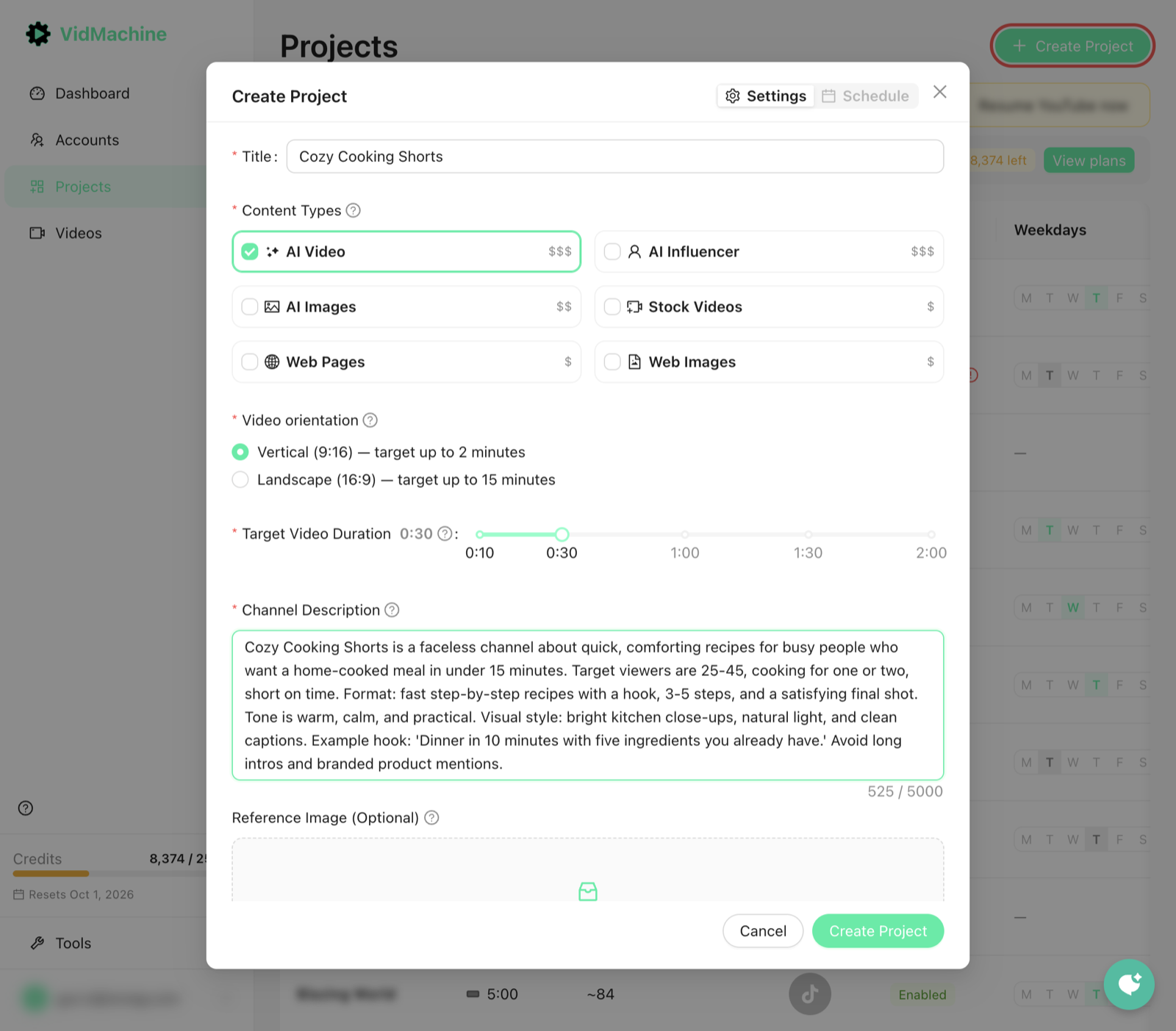 Create Project modal with the Title and Channel Description fields filled in
