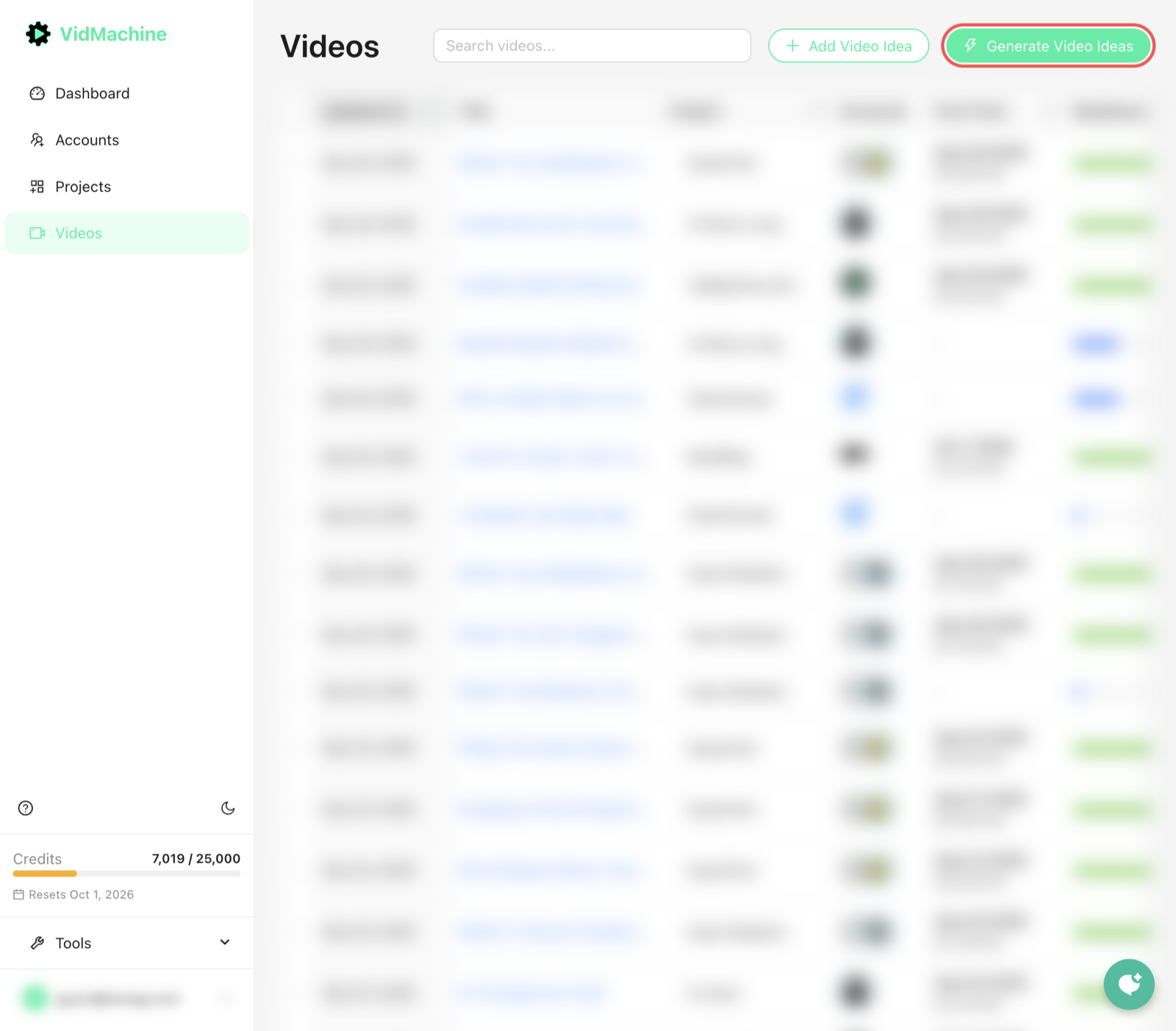 VidMachine Videos page with the Generate Video Ideas button highlighted